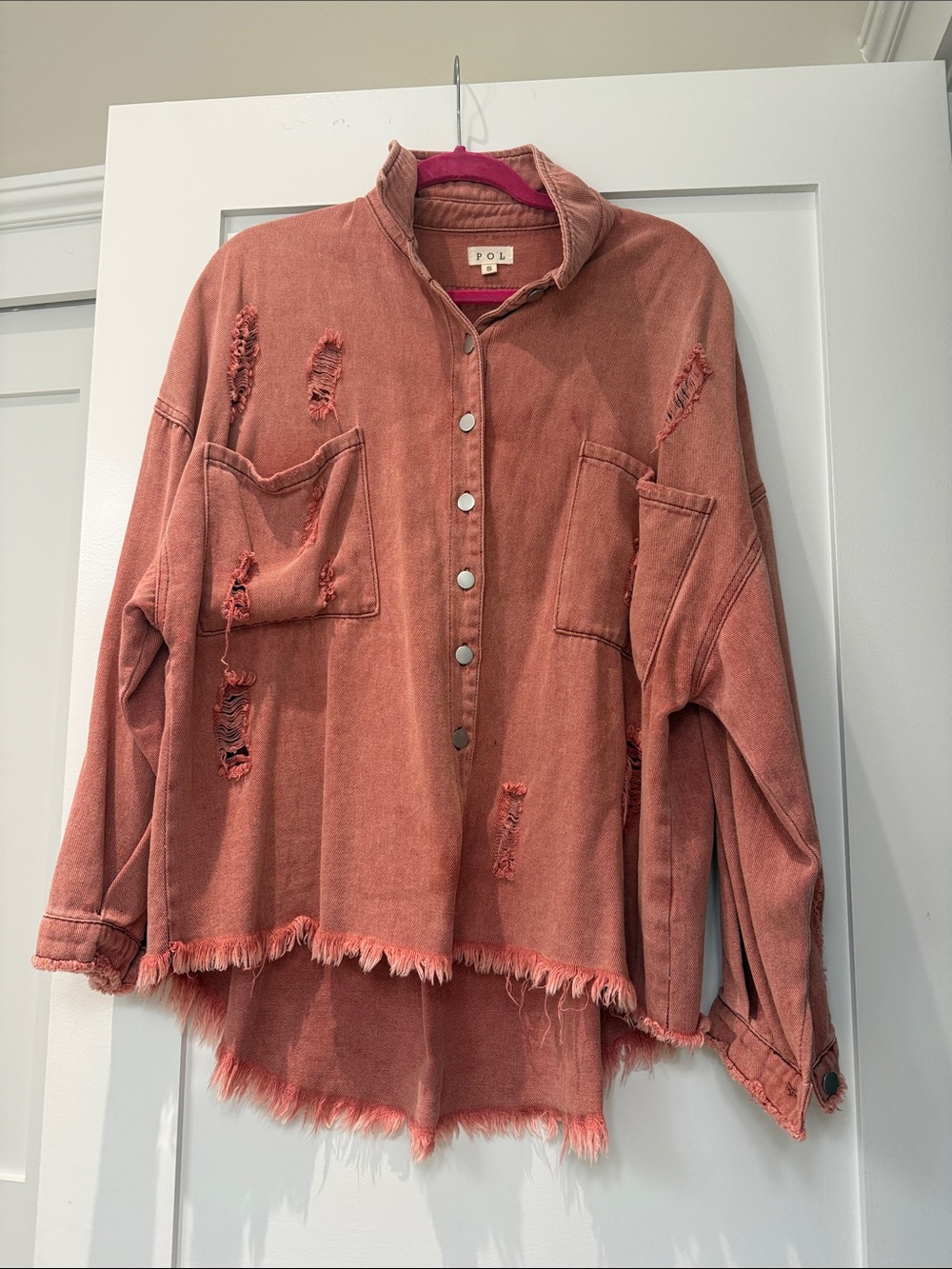 POL Washed Distressed Rust-Pink Button Front Shacket